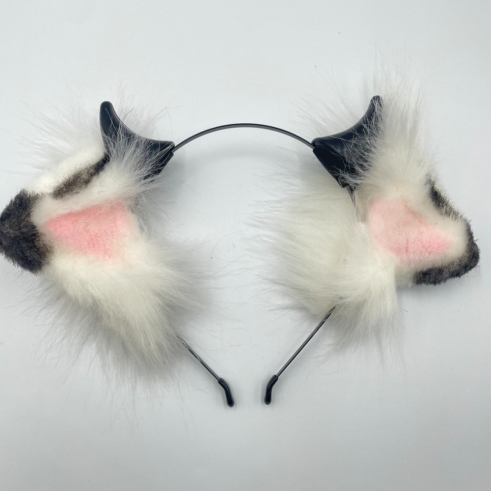 Vintage Y2K White Faux Fur Cat Animal Ears Headband Black Devil Horns Cosplay